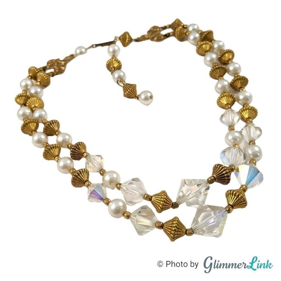 VTG Double Strand AB Aurora Borealis Bicone Bead Faux Pearl Gold Tone Necklace - Picture 1 of 10